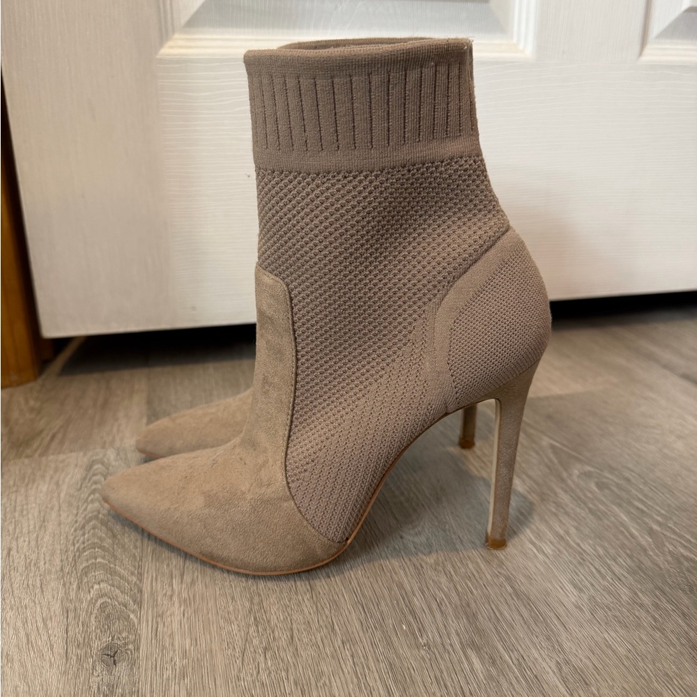Tan suede ankle high heel booties